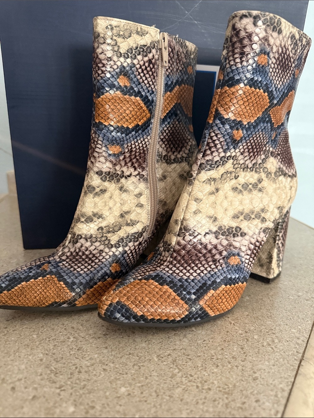 Kaari Blue Python-Print Ankle Boots in Tan & Blue